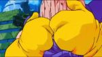  1girl 90s animated animated_gif cape city dragon_ball dragonball_z fat gloves incipient_kiss lowres majin_buu monster orange_hair pink_skin transformation wall what 