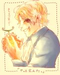  1boy blonde_hair devil_fruit eating food gloves male_focus one_piece profile sabo_(one_piece) scar smile solo 