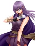 1girl aoi_sekai_no_chuushin_de bare_shoulders belt blue_eyes long_hair miniskirt nel_(aoi_sekai_no_chuushin_de) open_mouth pointy_ears purple_hair simple_background skirt solo weapon