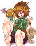  1girl archfiend_marmot_of_nefariousness aussa barefoot bike_shorts breasts brown_eyes brown_hair d: duel_monster feet glasses korican open_mouth ribbed_sweater semi-rimless_glasses short_hair sitting soles sweater toes under-rim_glasses yu-gi-oh! yuu-gi-ou_duel_monsters 