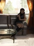  1girl bangs black_hair boots cartains couch nico_robin one_piece pillow sitting solo table window 