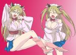  1girl bare_shoulders blonde_hair blush breast_lift breasts cleavage fang female flesh_backbone large_breasts legs open_mouth shikabane_hime sitting solo standing 
