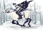  1boy alternate_costume belt boots cape earrings forest hat horse jewelry male_focus nature one_piece riding roronoa_zoro running saddle sheathed_sword snow solo 