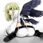  1boy 510 androgynous ass beatmania beatmania_iidx belt blonde_hair blush from_behind halo looking_at_viewer rche_(beatmania) shoes short_hair shorts smile solo trap violet_eyes wariza wings 