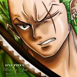  1boy character_name copyright_name earrings green_hair jewelry male_focus one-eyed one_piece roronoa_zoro scar solo sword weapon 