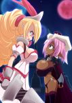  blonde_hair breasts dark_skin height_difference lance large_breasts pink_eyes pink_hair pointy_ears polearm raukofey showdown weapon 