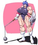  blue_hair mace mocoack muscle red_eyes shield swimsuit weapon 