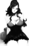 1girl bare_shoulders breasts character_name cleavage curvy dress female greyscale large_breasts legs long_hair looking_at_viewer monochrome nico_robin one_piece ponytail shado.tan sitting smile solo thick_thighs thigh_gap wide_hips 