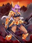  armor cape fighting green_eyes nam_(valckiry) purple_hair sword 