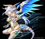  1girl armor black_background blue_eyes breasts cleavage dragon_girl gauntlets highres keible long_hair looking_at_viewer ragna_cross silver_hair simple_background solo tail watermark white_hair wings 