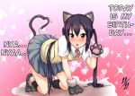  1girl :o all_fours animal_ears birthday black_hair blush cat_ears cat_tail hard_translated heart heart_tail k-on! long_hair nakano_azusa paws red_eyes school_uniform sian skirt solo tail translated twintails 