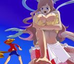  1boy 1girl arm_support blue-sky-mode blue_eyes blush breasts giantess hair_ornament hat large_breasts long_hair mermaid midriff monkey_d_luffy monster_girl one_piece open_mouth pink_hair shirahoshi standing very_long_hair wet 