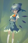  1girl blue_bow blue_eyes blue_hair blue_shirt blue_skirt bow cirno collared_shirt commentary_request fairy_wings feet_out_of_frame green_background hair_bow highres ice ice_wings kerchief no_pupils orange_neckwear pikumin puffy_short_sleeves puffy_sleeves shirt short_hair short_sleeves skirt skirt_set solo standing touhou white_shirt wing_collar wings 