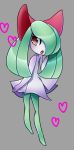 green_hair hair_over_one_eye heart kirlia no_humans open_mouth pokemon red_eyes solo 