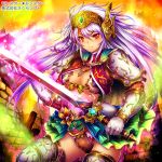  armor kara_(color) lavender_hair red_eyes smile sword 