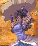  1girl blue_eyes breasts brown_hair female highres its_just_suppi korra lifting muscle ponytail solo the_legend_of_korra 