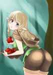  1girl apple artist_request ass blonde_hair blue_eyes blush braid breasts dragon&#039;s_crown elf_(dragon&#039;s_crown) food fruit hood leaning leaning_forward long_hair looking_at_viewer open_mouth parted_lips pointy_ears shorts sideboob solo vanillaware 
