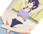  1girl armpits barefoot bed bedroom blue_hair feet highres hyoudou_michiru indoors midriff navel on_bed saenai_heroine_no_sodatekata screencap shorts sitting smile spread_legs tank_top thighs violet_eyes 