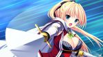  1girl blonde_hair blue_eyes blush breasts cape cleavage female fighting_stance game_cg hair_ribbon kishi&times;kano large_breasts long_hair looking_at_viewer mikado_asuha minatsuki_alumi open_mouth ponytail ribbon serious simple_background solo sword weapon 