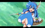  blue_eyes blue_hair breasts character_request cleavage cleavage_cutout hairband huge_breasts looking_at_viewer regls shield smile source_request sword tecna 