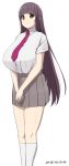  1girl breasts female huge_breasts long_hair namamo_(kura) necktie original pleated_skirt school_uniform simple_background skirt smile solo 