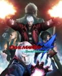  2girls 3boys blonde_hair blue_eyes breasts capcom claws cleavage dante_(devil_may_cry) dark_background devil_may_cry devil_may_cry_4 dual_wielding glowing glowing_hand gun highres hood hoodie jacket lady_(devil_may_cry) logo long_hair looking_at_viewer multiple_boys multiple_girls nero_(devil_may_cry) official_art silver_hair smoke spiky_hair sunglasses trish_(devil_may_cry) vergil weapon 