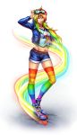  1girl breasts female full_body goggles grin inline_skates jacket long_hair looking_at_viewer multicolored_hair my_little_pony my_little_pony_friendship_is_magic navel personification rainbow_dash rainbow_hair roller_skates shorts skates smile smirk solo standing striped_legwear thigh-highs zhen_long 