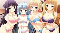  4girls anastasia_kastalsky blonde_hair blue_bra blue_eyes blue_hair blue_panties blush bra breast_grab breast_hold breasts cleavage collarbone crossed_arms double_bun enjouji_luise game_cg grabbing green_eyes huge_breasts kishi&times;kano large_breasts legs long_hair looking_at_viewer mikado_asuha minami_nonoka minatsuki_alumi multiple_girls navel open_mouth panties ponytail purple_bra purple_hair purple_panties red_bra red_eyes red_panties small_breasts smile standing thighs underwear white_bra white_panties yellow_eyes 