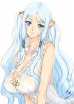  1girl blue_eyes blue_hair breasts cleavage eiwa hair_ornament huge_breasts long_hair pointy_ears princess queen&#039;s_blade queen&#039;s_blade_grimoire smile solo tina_(queen&#039;s_blade) wet wet_clothes 