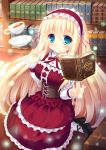  1girl blonde_hair blue_eyes blush book bookshelf breasts corset cup dish female floating gothic_lolita hairband highres lolita_fashion lolita_hairband long_hair looking_at_viewer magic md5_mismatch original solo taiki_ken tea teacup 