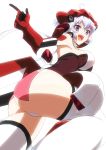  1girl absurdres ahoge armpits ass bodysuit breasts female from_below grin highres large_breasts open_mouth panties pointing senki_zesshou_symphogear sideboob simple_background smile solo thigh-highs twintails underwear violet_eyes white_background white_hair white_panties yukine_chris 