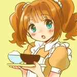 1girl aqua_eyes blush food idolmaster maid orange_hair rice solo tagme takatsuki_yayoi 