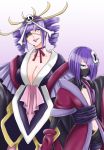  2girls bangs bleach bleach:_zanpakutou_ibun_hen blue_eyes blunt_bangs breasts cleavage drill_hair eyepatch hair_ornament hair_over_one_eye japanese_clothes katen_kyoukotsu kimono lipstick looking_at_viewer makeup mask multiple_girls navel purple_hair purple_lipstick short_hair skull_hair_ornament soraao twin_drills zanpakutou_(spirit) 