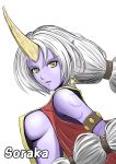  1girl breasts female horn league_of_legends long_hair looking_at_viewer open_mouth sideboob solo soraka tattoo tonne white_background white_hair yellow_eyes 