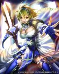  armor armored_dress blonde_hair breasts large_breasts orange_eyes shouting spear 