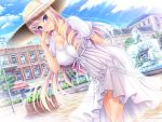  1girl bertille_althusser blonde_hair blue_eyes blush breasts building cleavage clouds dress drill_hair fountain game_cg hat huge_breasts komori_kei legs long_hair looking_at_viewer sky smile solo standing sunlight thighs walkure_romanze walkure_romanze_more_&amp;_more water 