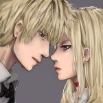  1boy 1girl blonde_hair bow bowtie couple durarara!! heiwajima_shizuo highres vorona vorona_douglanikov 