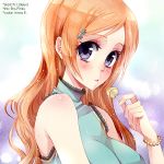  1girl alexa_pasztor bleach blush bracelet collaboration grey_eyes inoue_orihime jewelry long_hair looking_at_viewer orange_hair solo 