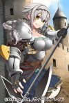  axe breastplate breasts large_breasts pauldrons silver_hair smile weapon yellow_eyes 