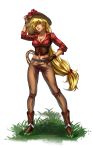  1girl applejack apples blonde_hair breasts cowboy_hat female full_body green_eyes hat large_breasts long_hair looking_at_viewer low-tied_long_hair my_little_pony my_little_pony_friendship_is_magic navel personification smile solo standing tied_hair zhen_long 