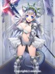  1girl armor axe blue_eyes breasts cleavage copyright_request dragon_tail female large_breasts long_hair looking_at_viewer navel open_mouth silver_hair smile solo standing ta919 tail very_long_hair weapon 