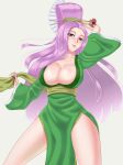  1girl breasts cleavage fan female hair_intakes japanese_clothes large_breasts long_hair mole niiitinnsura purple_hair solo 