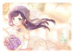  1girl blush dress female flower gloves green_eyes happy headdress jewelry long_hair love_live!_school_idol_project purple_hair royal sakuramochi_n solo toujou_nozomi wedding wedding_dress 