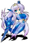  blue_eyes breasts chibi huge_breasts mermaid monster_girl open_mouth rei_shabu silver_hair sword tiara 