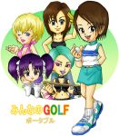  5girls angela_(minna_no_golf) ball blonde_hair blue_eyes bow breasts brown_eyes brown_hair catherine_(minna_no_golf) clap_hanz cleavage collar earrings golf_ball green_hair grey_eyes hair_bow jewelry lipstick makeup mew_(minna_no_golf) midriff minna_no_golf mole multiple_girls navel purple_hair red_eyes sagiri_(minna_no_golf) short_hair single_glove skirt twintails whip yumeri_(minna_no_golf) 