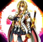  1girl armored_jacket blonde_hair female fighting_stance green_eyes hairband katana piyopiyomen skirt solo sword weapon 