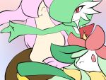  alternate_color blush closed_eyes fang flower gardevoir gourgeist green_hair hair_over_one_eye lilligant no_humans plant_girl pokemon purple_hair red_eyes shiny_pokemon short_hair smile wink 