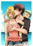  1boy 1girl baby_be&#039;el beelzebub_(manga) blonde_hair breast_grab breasts brown_hair cleavage clouds earrings grabbing green_eyes green_hair hilda_(beelzebub) jewelry karoll_ann ocean oga_tatsumi sky tagme water 