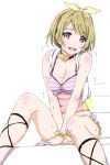  1girl blonde_hair breasts clearite cleavage koizumi_hanayo looking_at_viewer love_live! love_live!_school_idol_project open_mouth short_hair simple_background sitting smile violet_eyes 