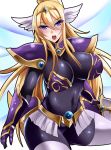  1girl armor bikini_armor blonde_hair blue_eyes bodysuit breasts large_breasts long_hair glasses_man sword weapon wings 